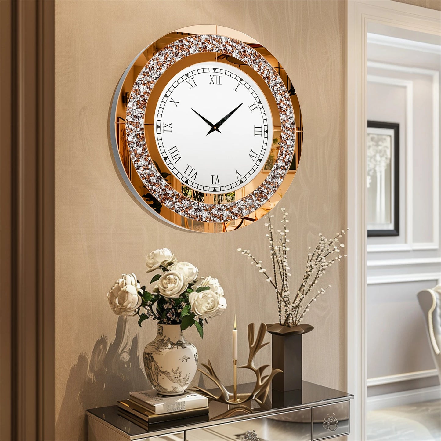 Bling Silver Round Mirror Wall Clock For Home Decor