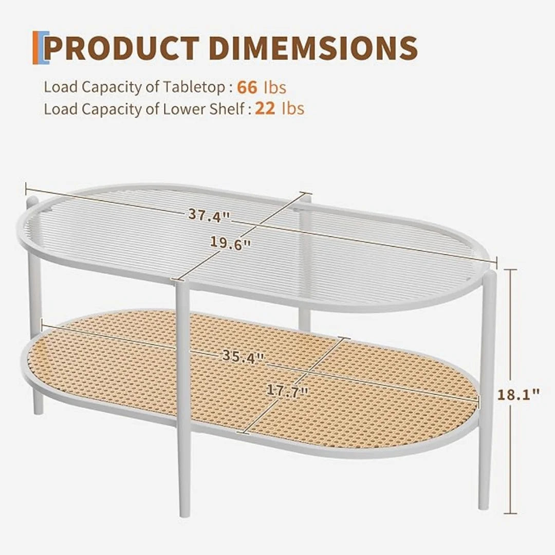 Boho Farmhouse Two Tier Rattan Coffee Table With Glass Top