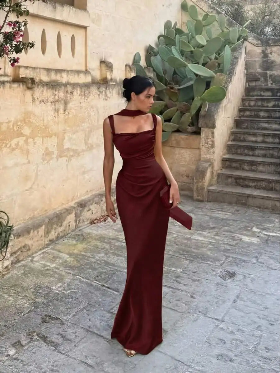 Elegant Satin Long Dress With Ribbon Strap For Women