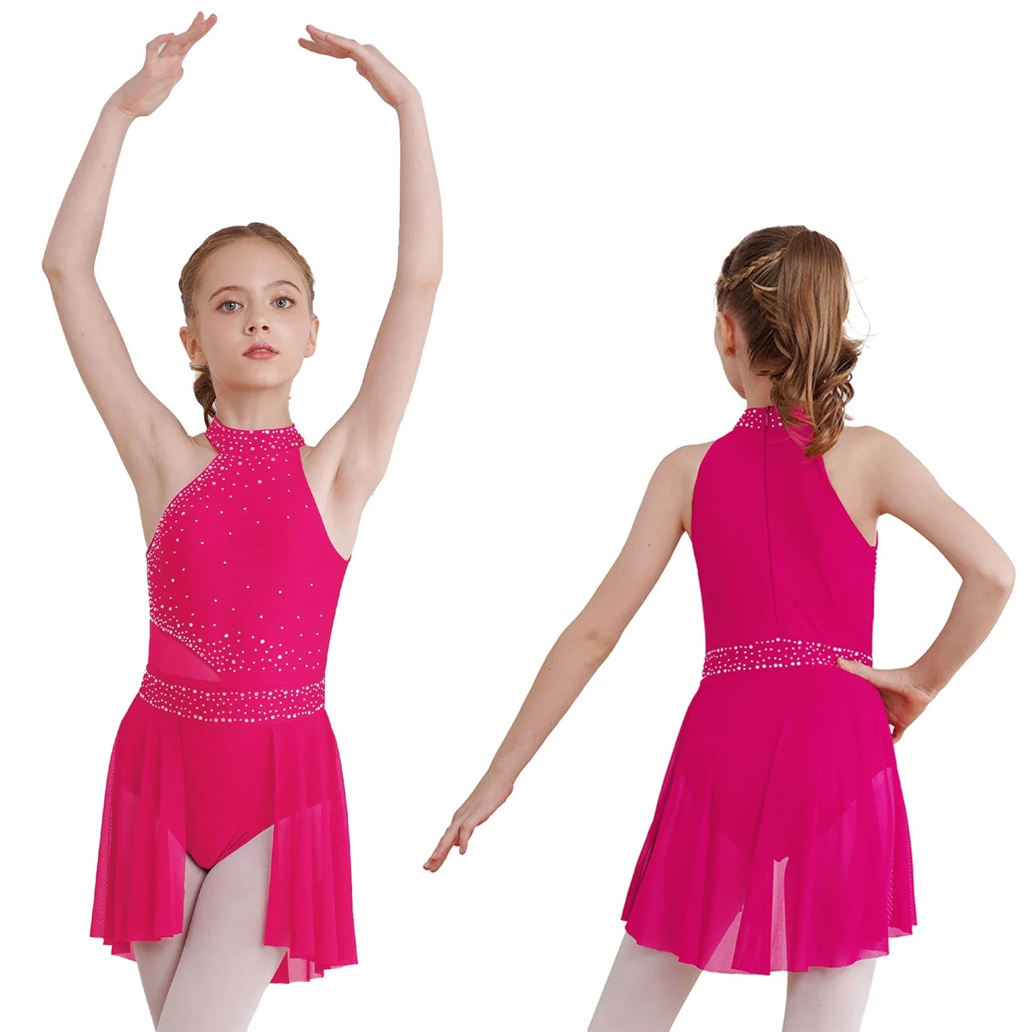 NONECN Girls Rhinestone Halter Ice Skating Dress Skirted Leotard Dancewear