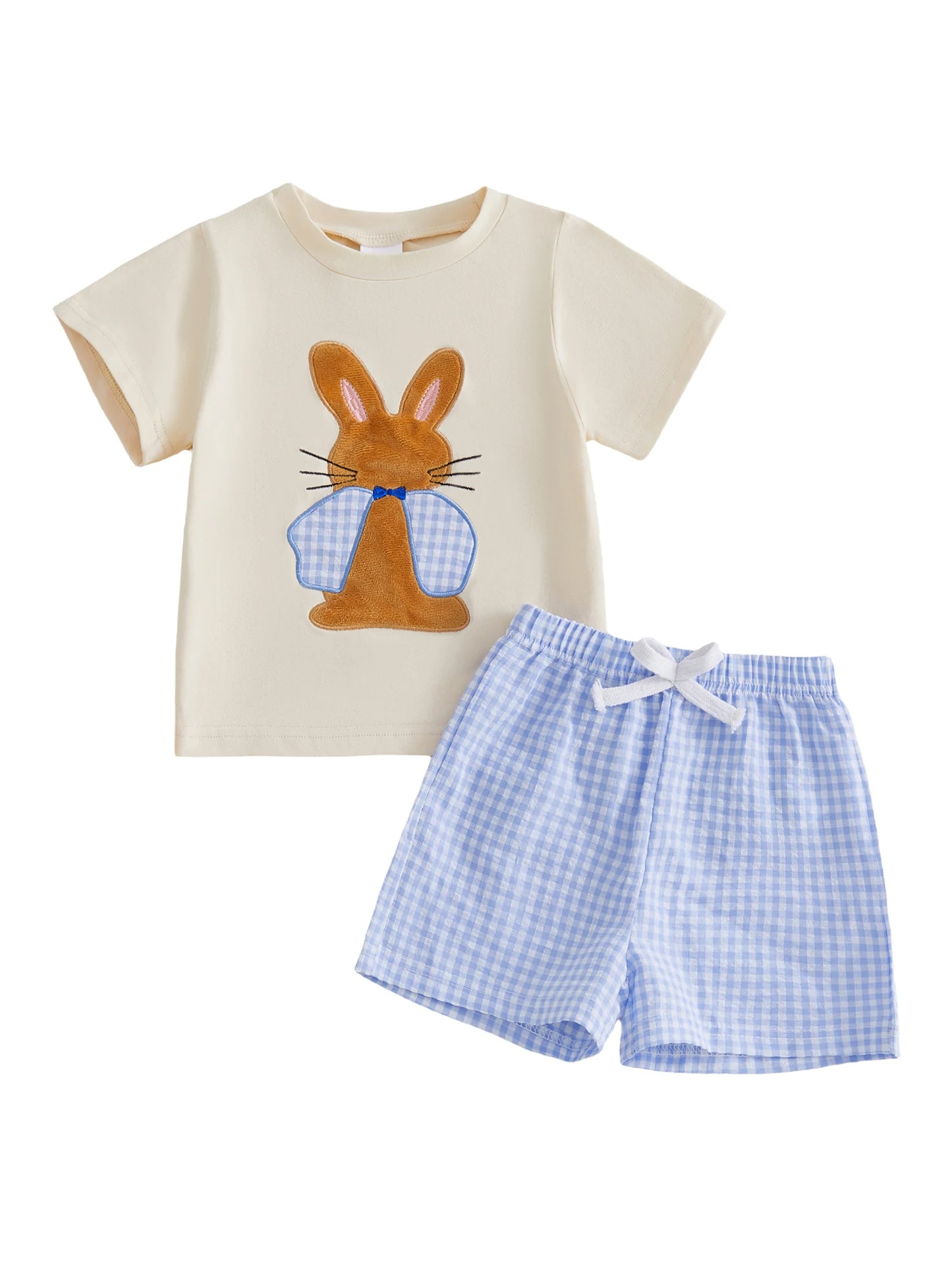 Cute Toddler Boys Easter Clothes Bunny Applique Short Sleeve Tee and Checkered Shorts Set for Spring Outfits