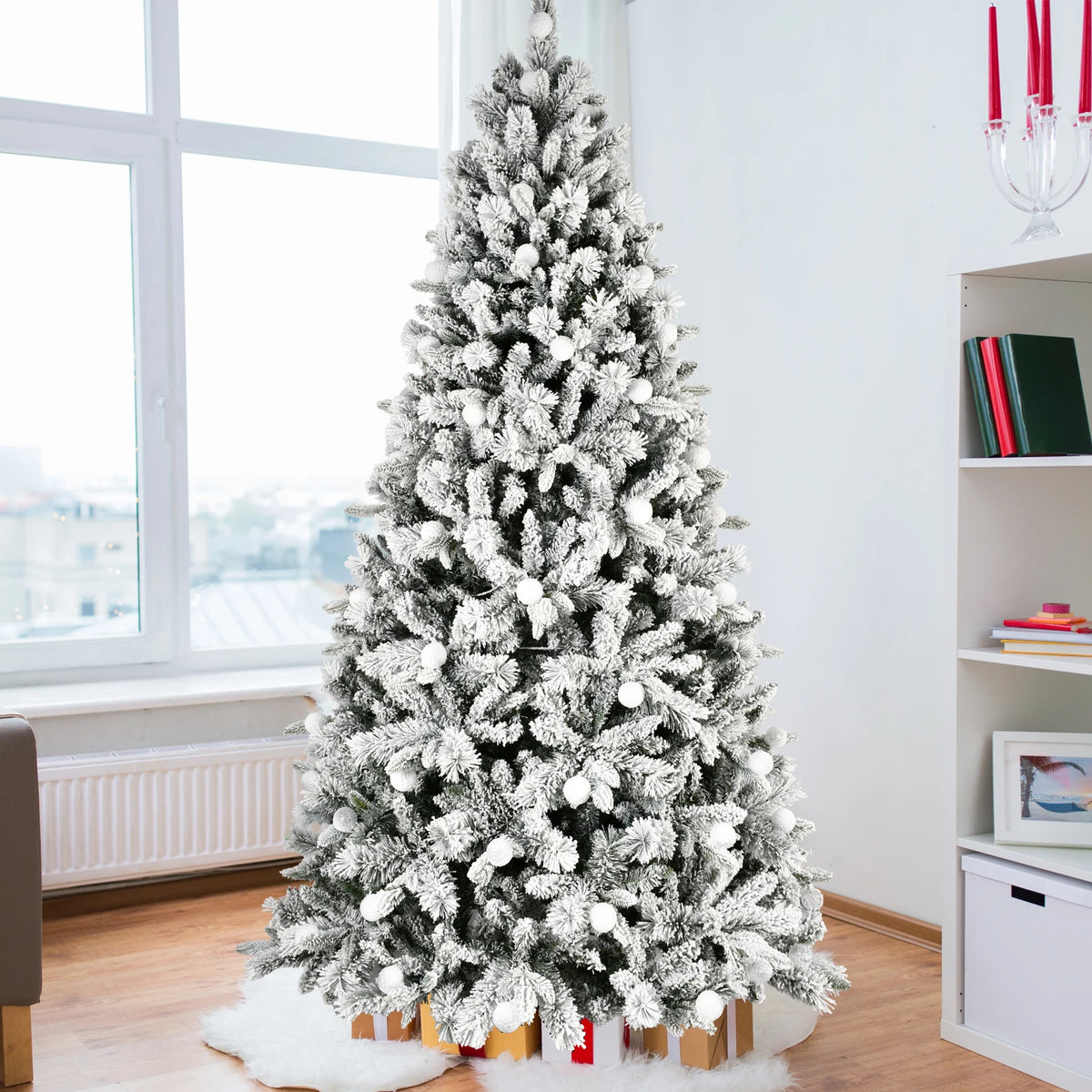 Pre Lit Flocked Artificial Christmas Tree With Led Lights