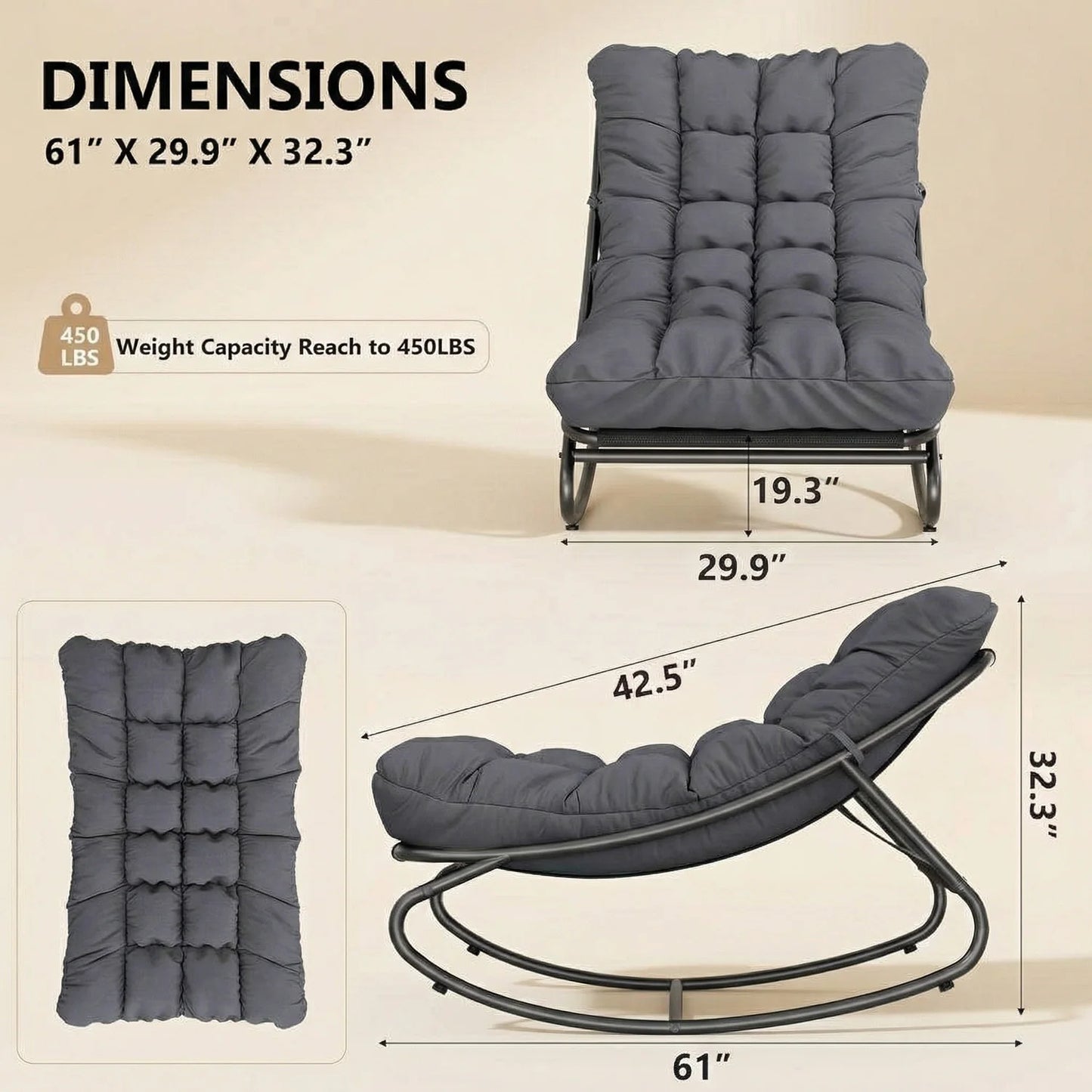 Oversized Outdoor Patio Rocking Chair – Heavy Duty Metal Frame, Thick Cushions, Comfy Recliner, 400/450 LBS Capacity – Relaxing Garden, Porch, Balcony, Backyard & Indoor Lounge Seating