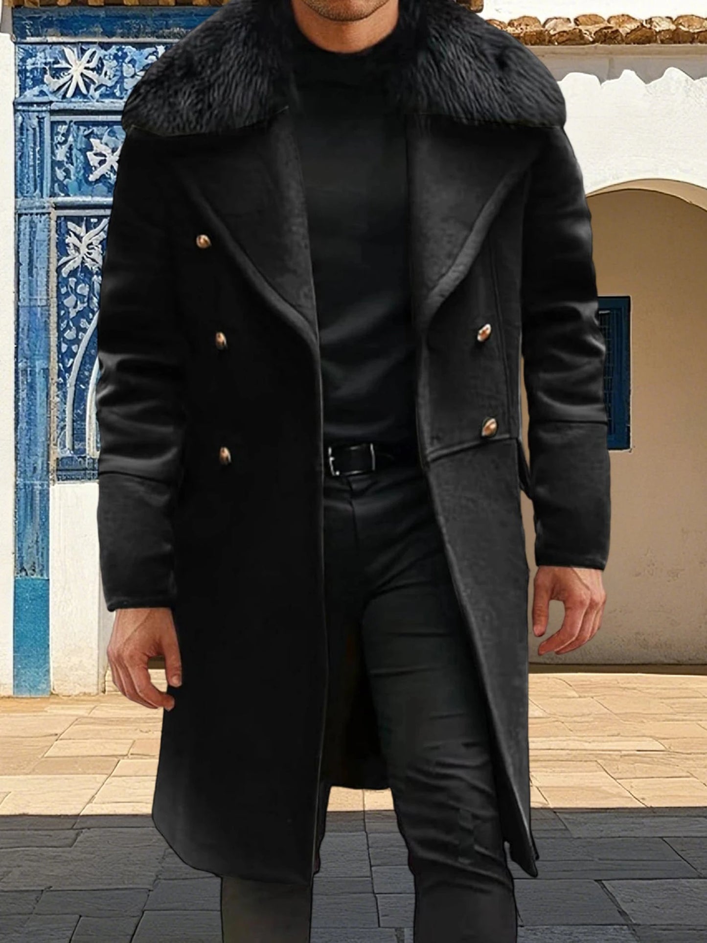 Guangdong Men Classic Double Breasted Trench Coat Removable Fur Collar