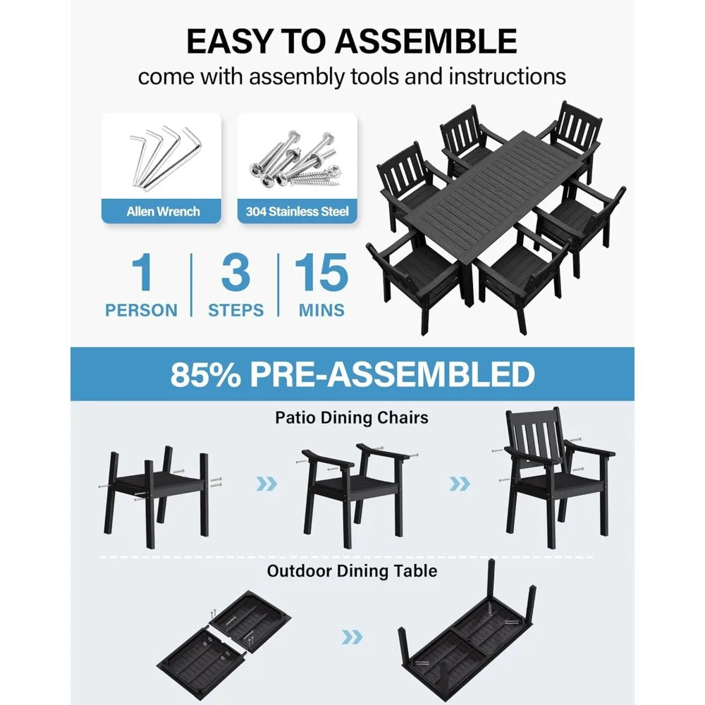 HIPS Patio Table Set: 7 Piece Outdoor Table and Chairs Dining Furniture Set with Umbrella Hole - Black Modern Plastic Dining Se