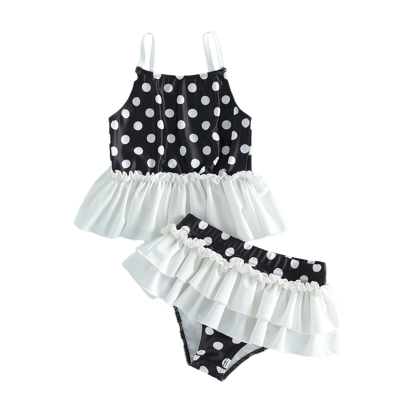 Cute Baby Girl Swimwear Set Polka Dot Pattern Sleeveless Ruffle Tops and Bottoms 2 Piece Beachwear Ensemble