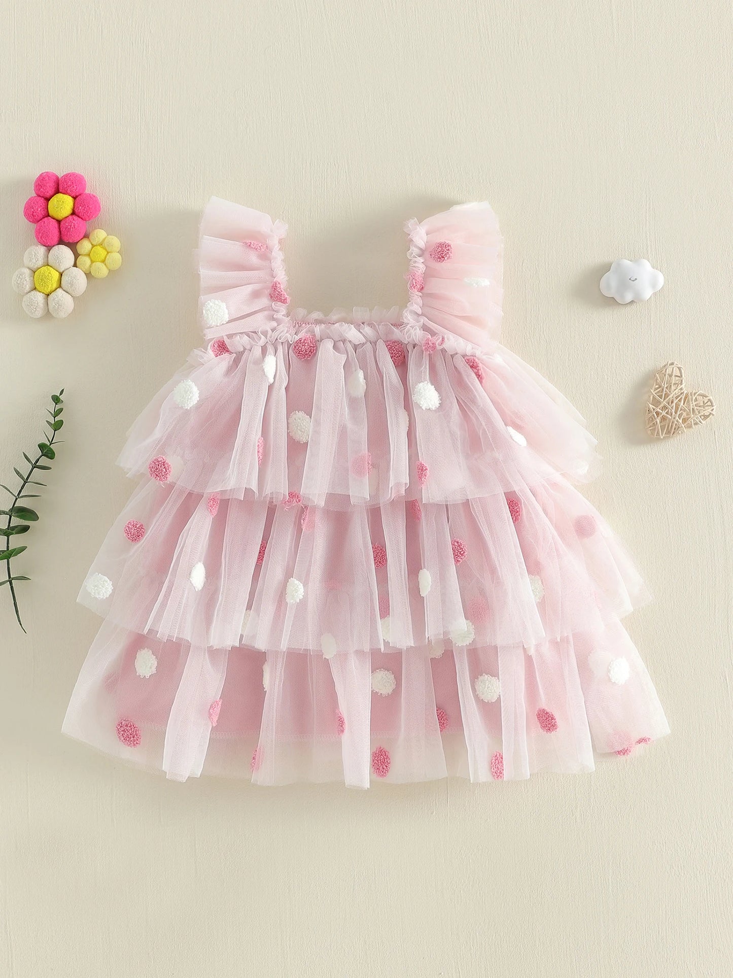 Adorable Toddler Girl s Summer Dress with Polka Dot Print Flowy Fit and Cute Ruffled Mesh Layers for a Casual Look
