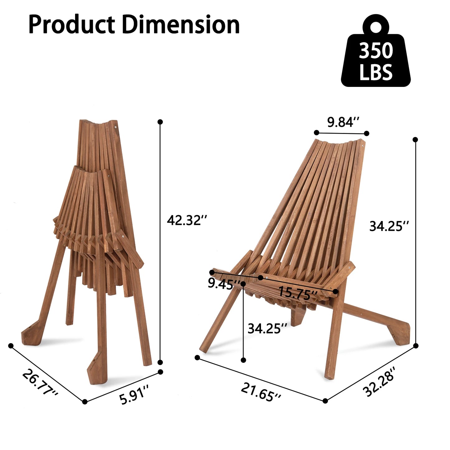 Wood Folding Chair for Outdoor, Low Profile Acacia Wood Lounge Chair for Balcony Porch Backyard Patio Lawn Garden