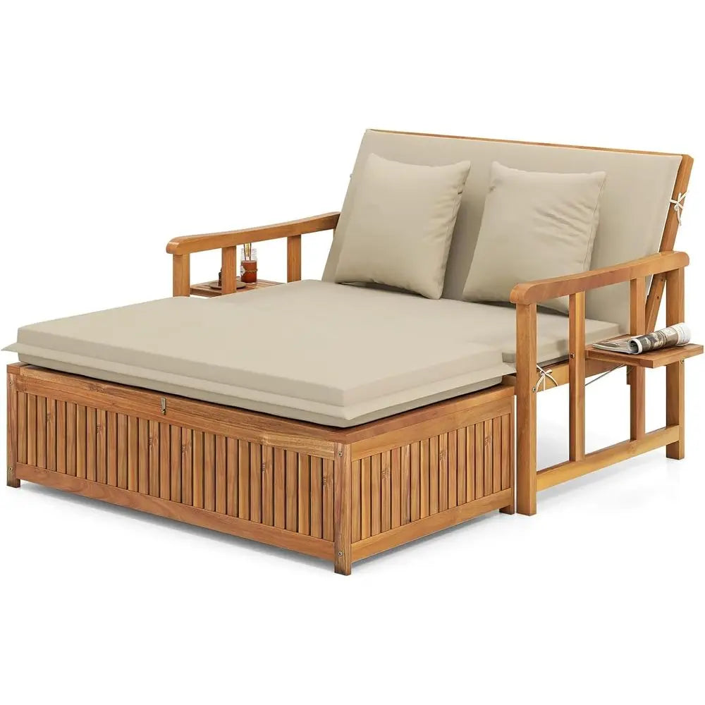Outdoor Wooden Daybed With Ottoman Adjustable Backrest And Cushions