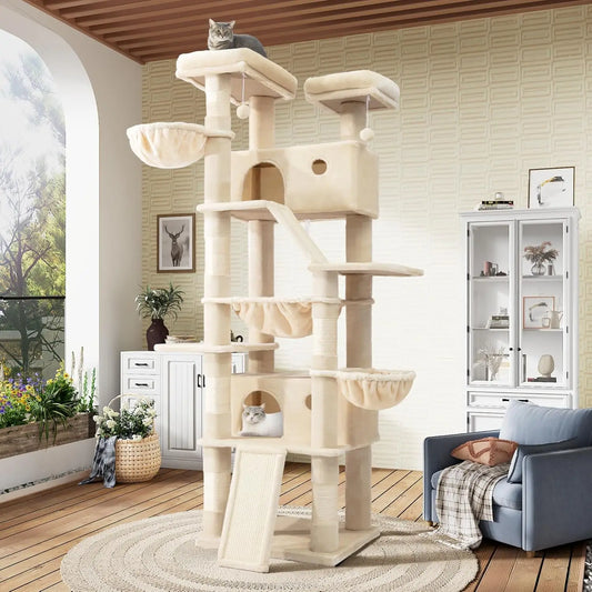 81in Multi-Level Cat Tree Tower with Hammock, Scratching Posts, and Cozy Perches for Indoor Cats - Beige