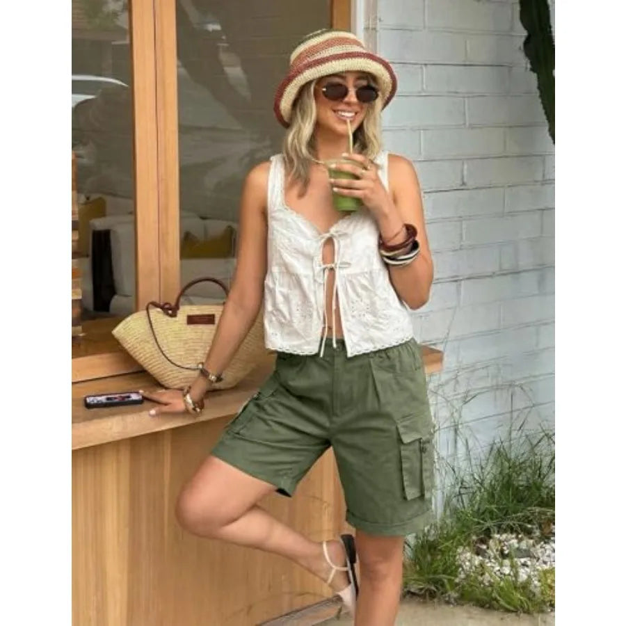 Gleeneat Bermuda Cargo Shorts for Women Baggy Knee Length Denim Shorts High Waist 6 Pockets 2026 Summer Casual
