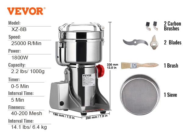 VEVOR Electric Grain Mill Grinder for Dry Herbs and Spices