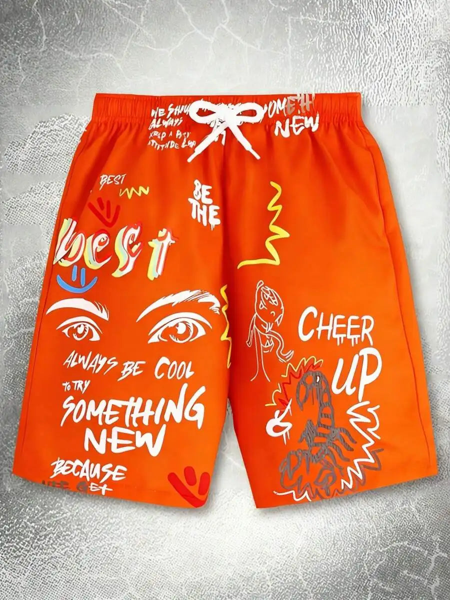Mens Graphic Print Beach Shorts Orange Elastic Waist Swim Trunks Motivational Quote Casual Summer Wear