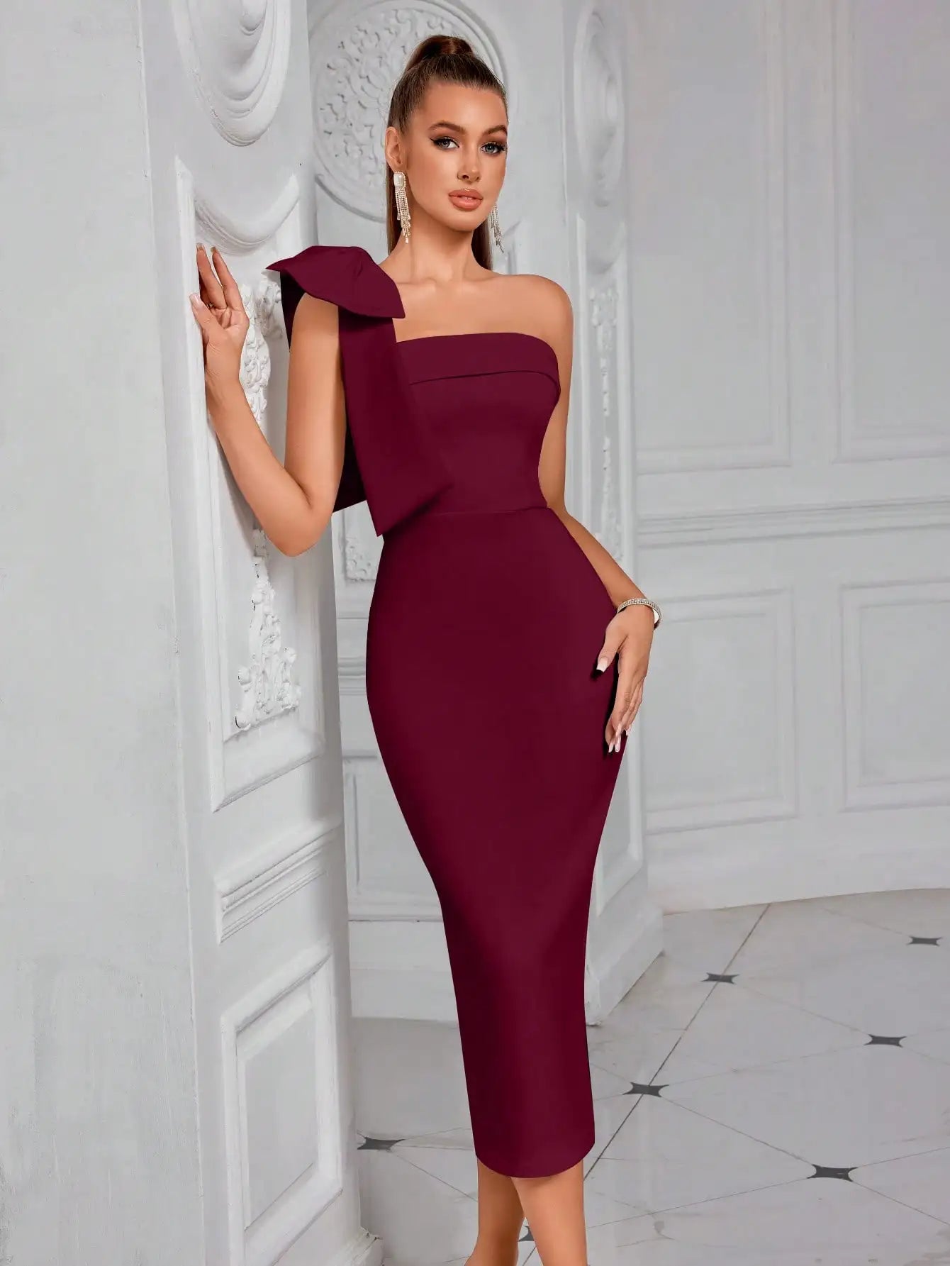 Elegant One Shoulder White Midi Dress with Bow Detail, High Waist, Backless for Party Wedding Guest Evening