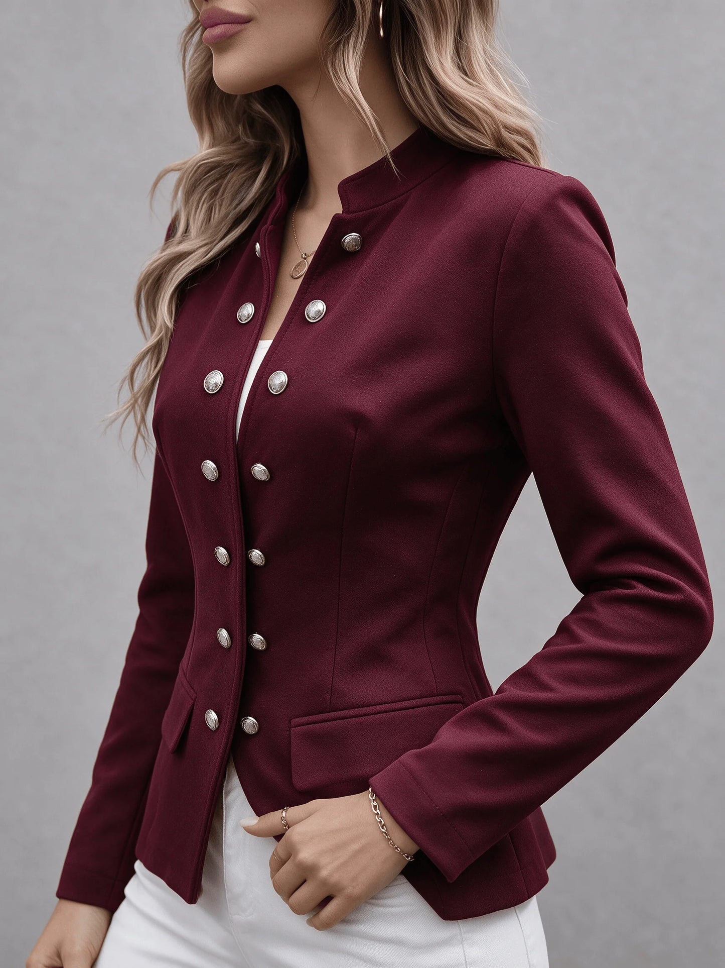 Women Stand Collar Blazer Jacket Elegant Double‑Row Silver Button Long Sleeve Slim Fit Office Business Casual Outerwear for Daily Work