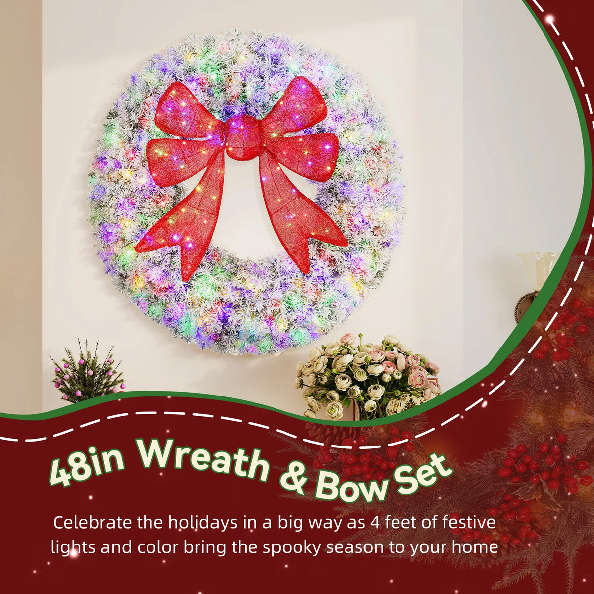 HOMCOM Flocked Artificial Christmas Wreath Pre Lit Indoor Holiday Decor
