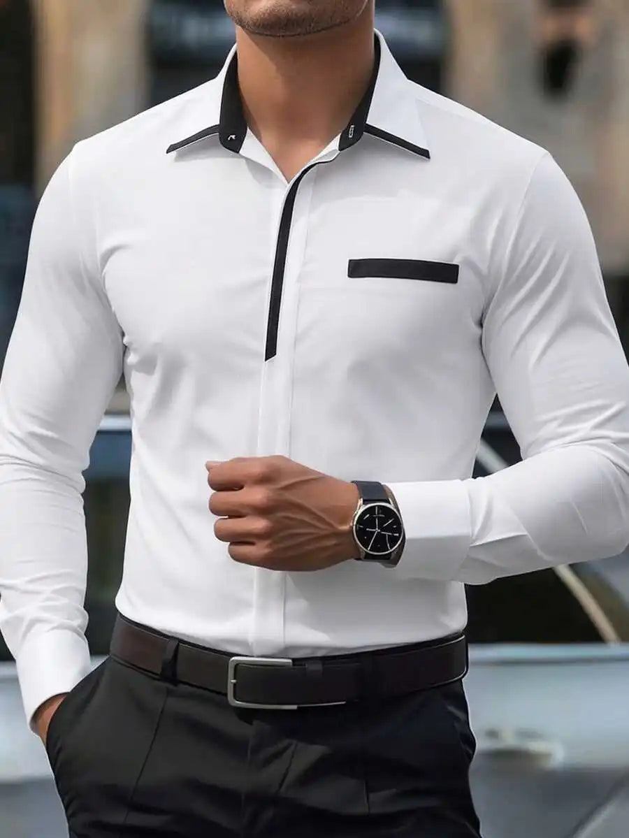 Mens Solid Color Long Sleeve Button Up Shirt Stand Collar