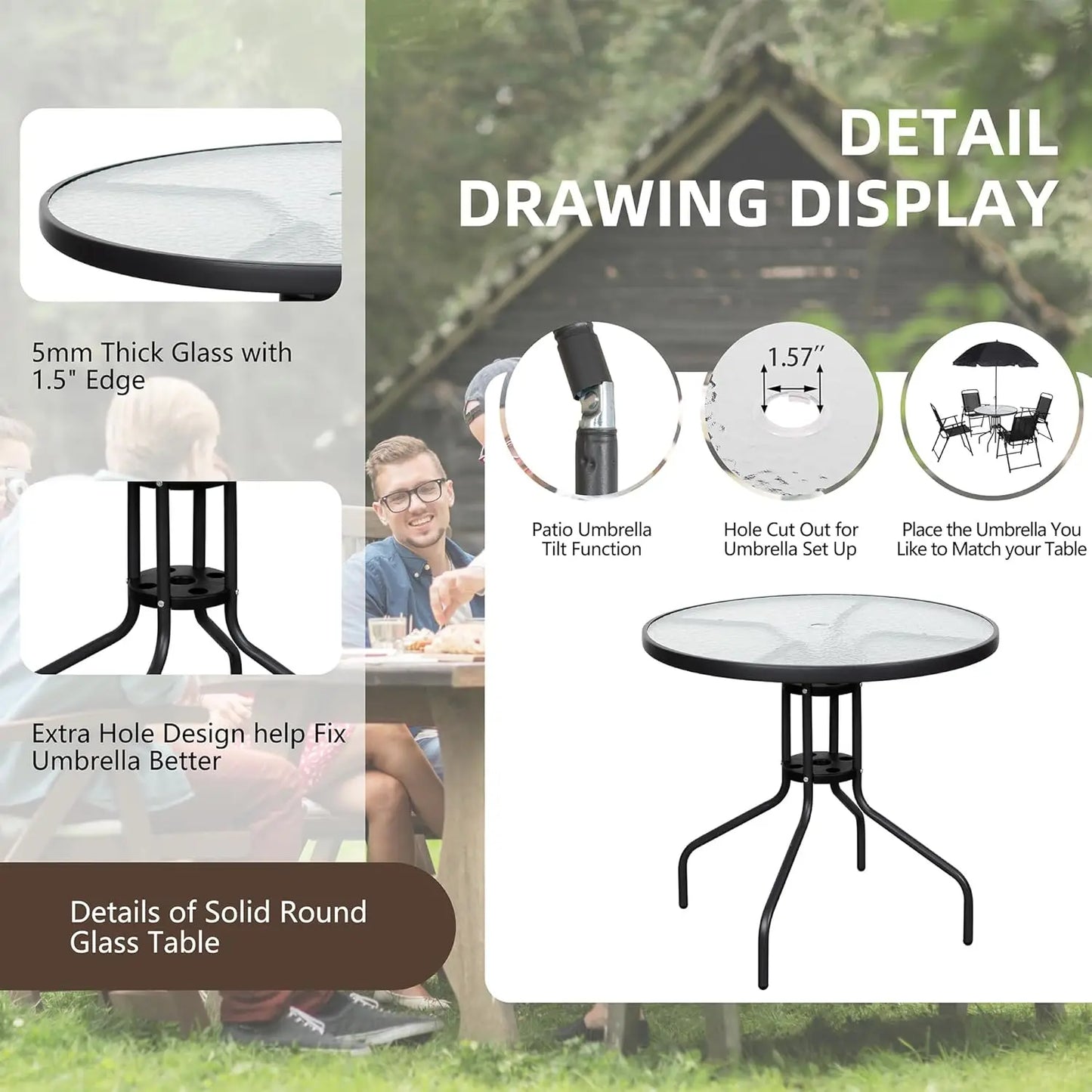 6 Piece Folding Patio Dining Set,Small Metal Outdoor Garden Patio Table and Chair Set W/Umbrella for Lawn,Deck,Backyard,Black
