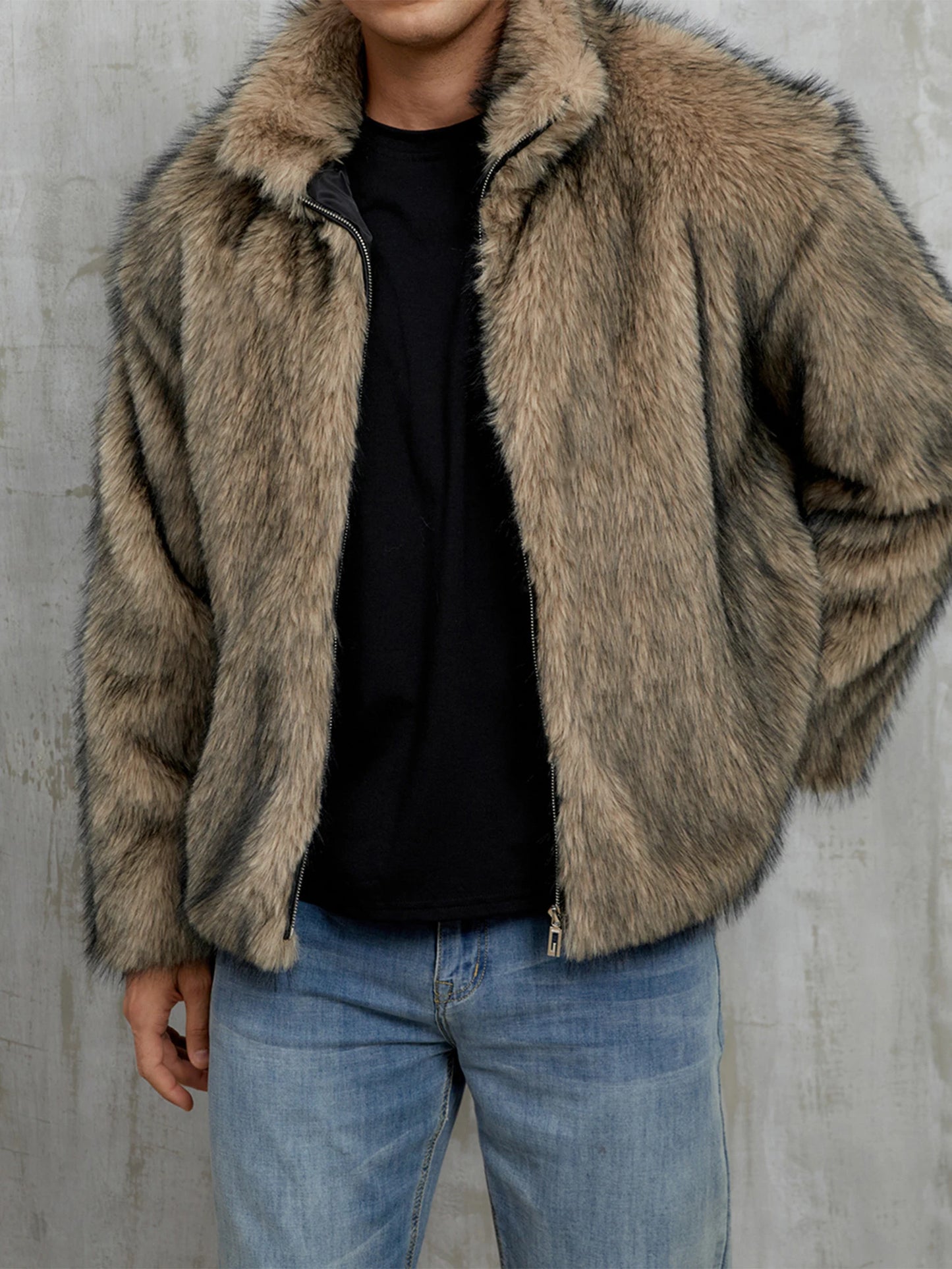 Men's Faux Fur Jacket Winter Warm Stand Collar Coat