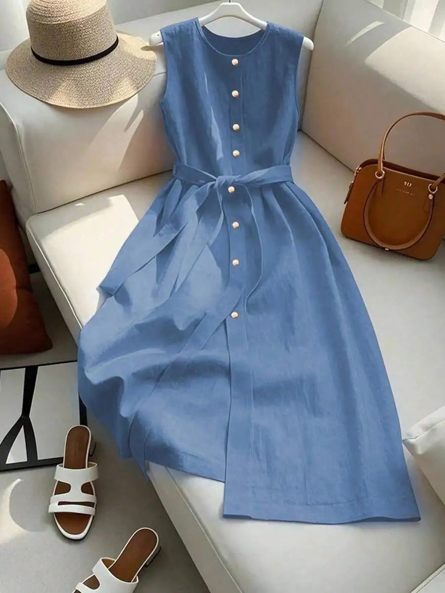 Sleeveless Single-Breasted Burgundy Casual Dress With Belt