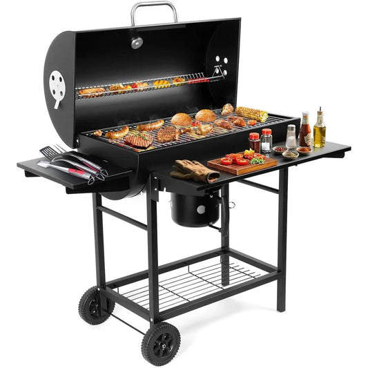 Barrel Style Charcoal BBQ Grill With Side Front Table Premium Smoker