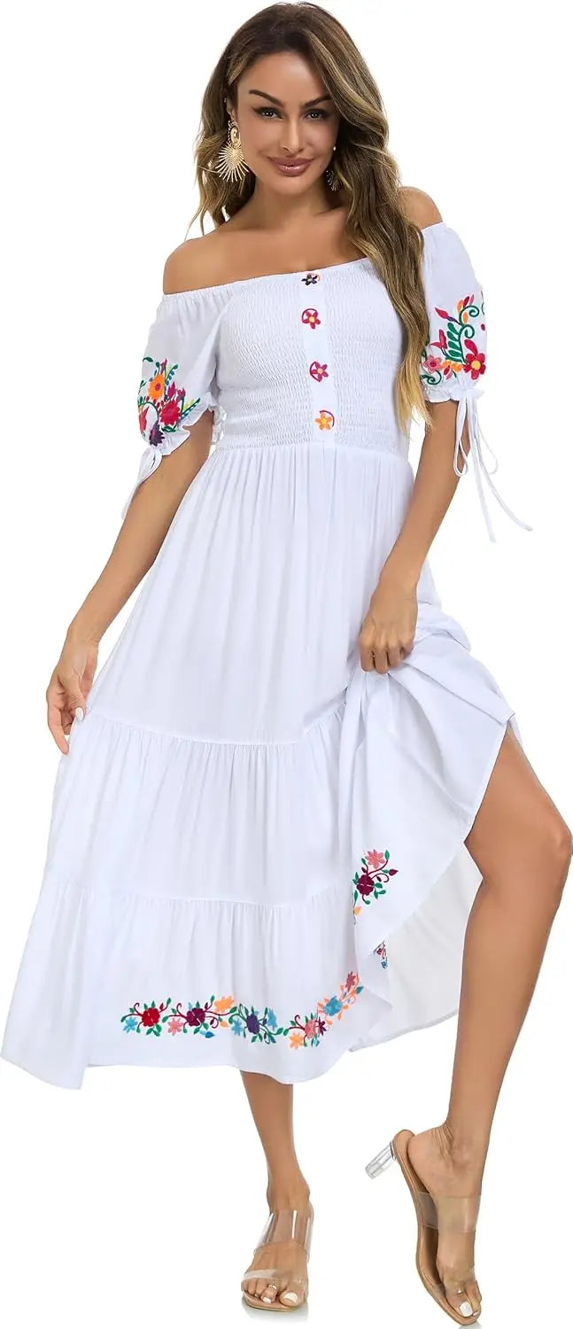 Floral Embroidered Maxi Dress For Women, Round Neck, Short Sleeve