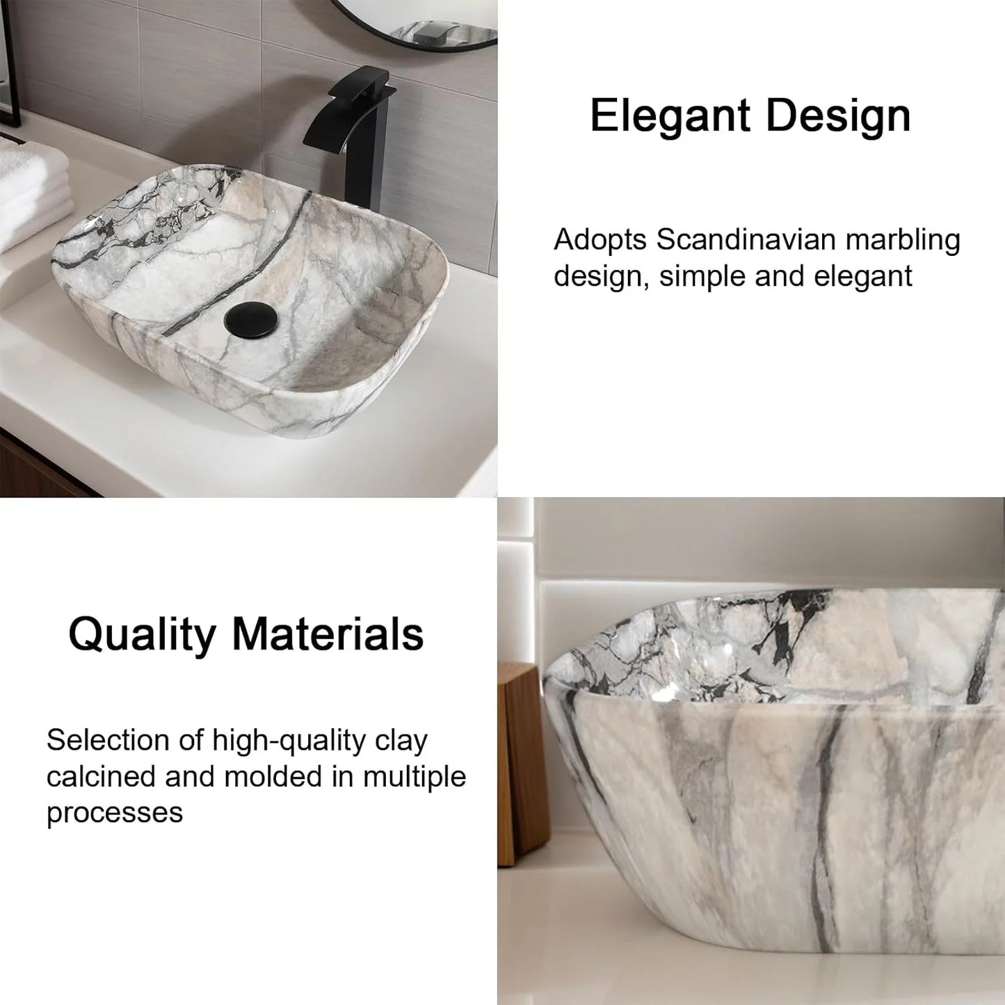 Mekkerala Artistic Marble Pattern Ceramic Vessel Sink Set