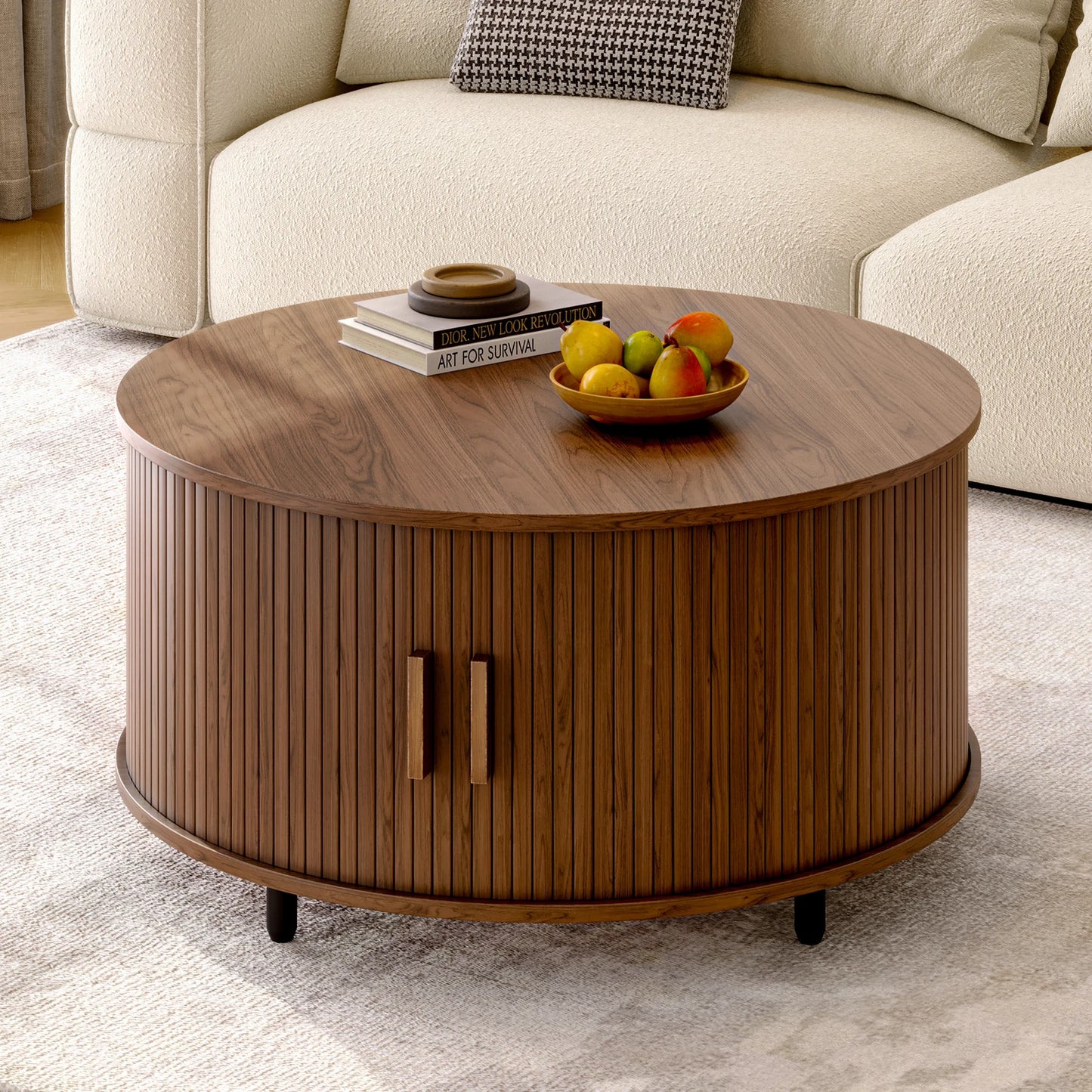 Round Coffee Table With Storage And Fluted Wood Accent