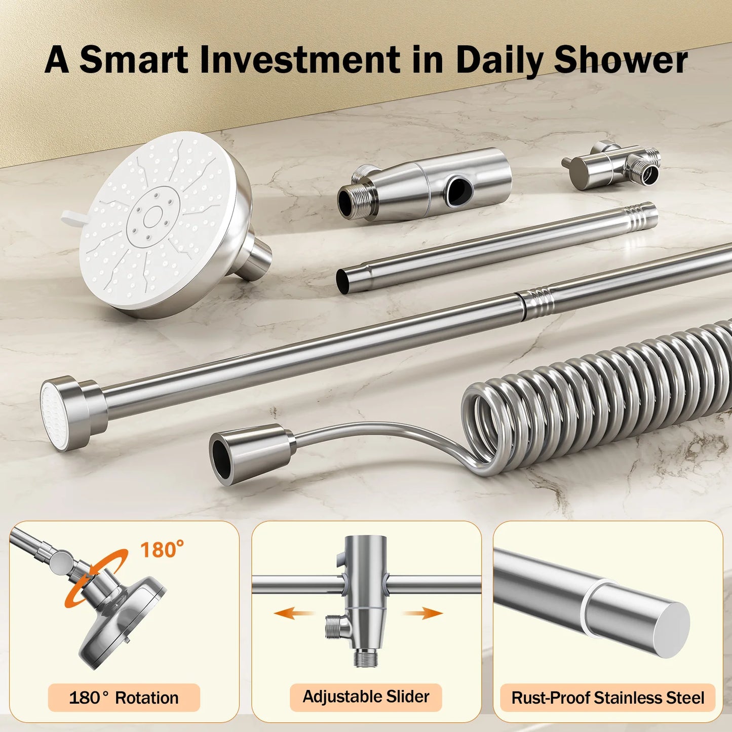 Dual Stainless Steel Shower Head For Couples With Adjustable Slider