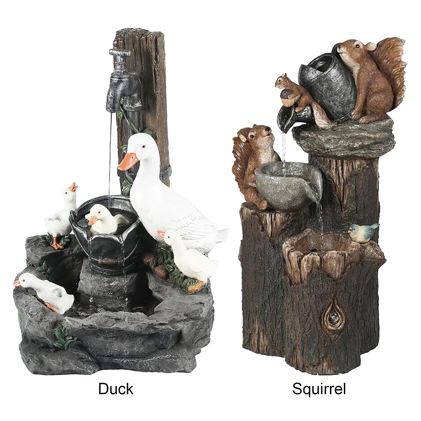 Funny Animal Decoration Duck /Squirrel Fountain Ornament Landscaping Decor with Light Garden Duck Squirrel Figurine Garden Decor