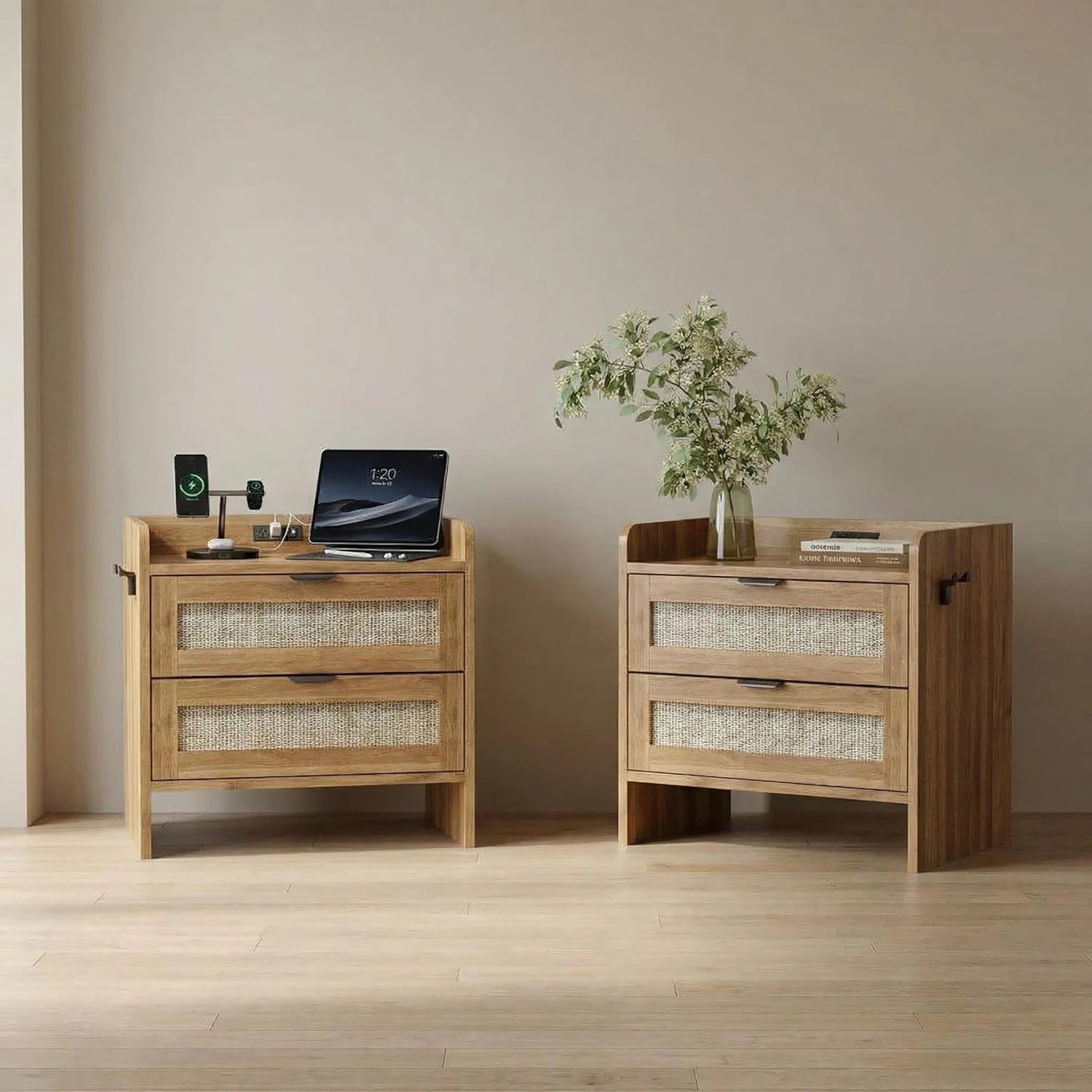 Modern Rattan Nightstand Set Of 2 With Charging Station & Drawers, Bedside Table With Usb/Type-C Ports, Storage Side Table