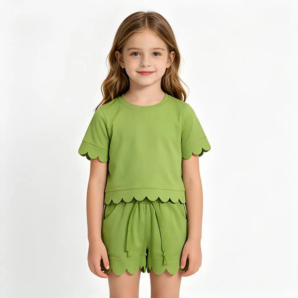 Cotton Clothes Sets for Sibling Baby Girls with Short Sleeve Top Pockets And Scallop Shorts