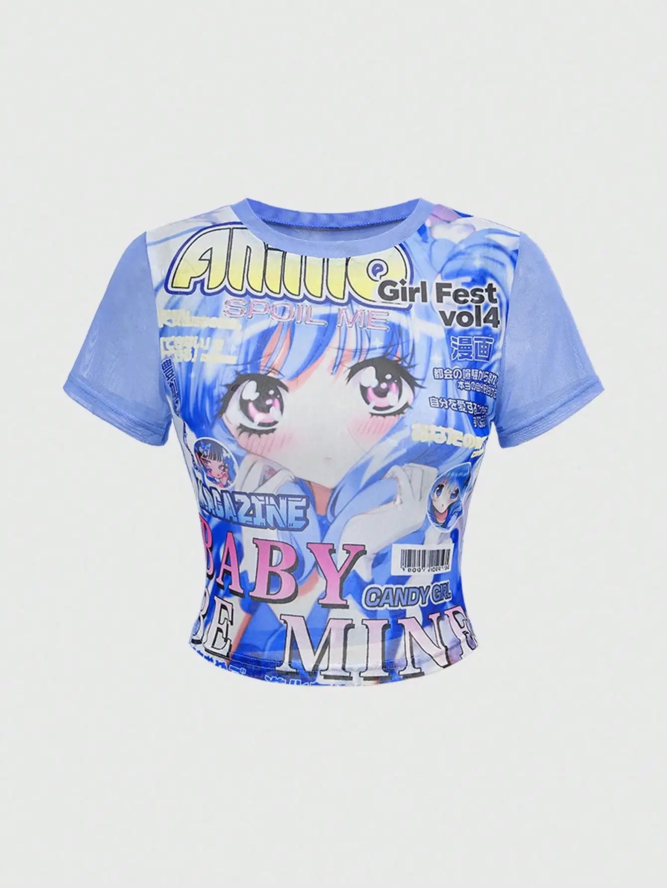 Women's Anime Manga Graphic Crop Top, Short Sleeve, Sheer Mesh, Y2K Style