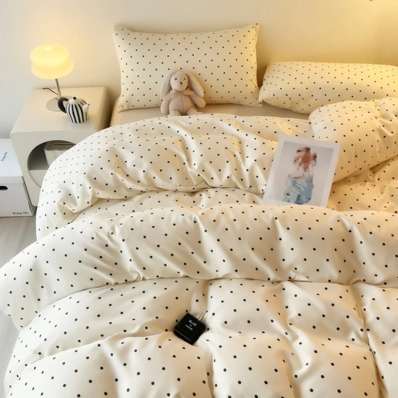 Satin Duvet Cover Set 1-3 Pc With Black Dot Print