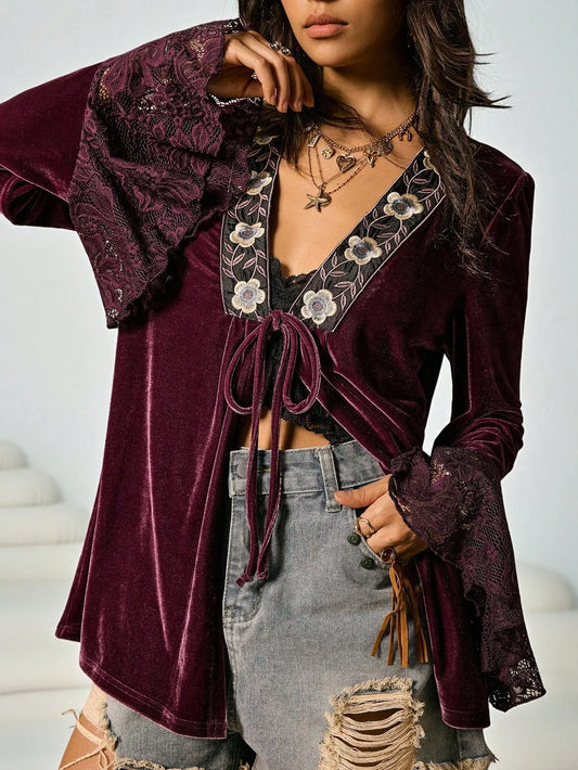 Plus Size Velvet Blouse with Floral Embroidery & Lace Sleeves, Tie Front, Purplish Red, Boho Party Top