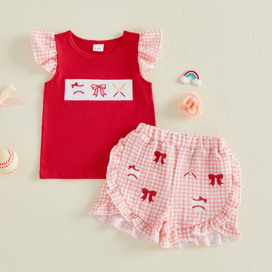 Adorable Infant Girl s Summer Ensemble with Baseball Bow Detail Ruffled Trim Flutter Sleeves and Plaid Shorts - 2 Piece Set