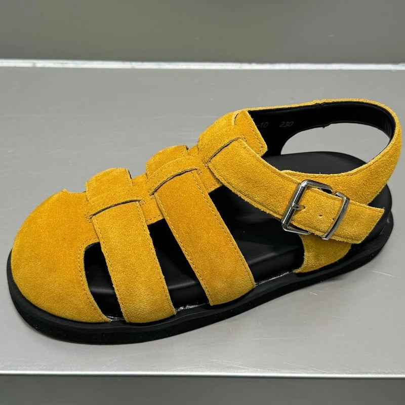 AUTUSPIN Retro Women Genuine Leather Flat Sandals Fashion Comfort Casual Buckles Shoes Woman Summer Hollow Out Sandals Round Toe