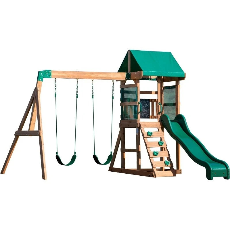 Buckley Hill Wood Swing Set with Wave Slide, Play Deck, Rock Wall Ladder, Belt Swings, Chalkboard, Cano