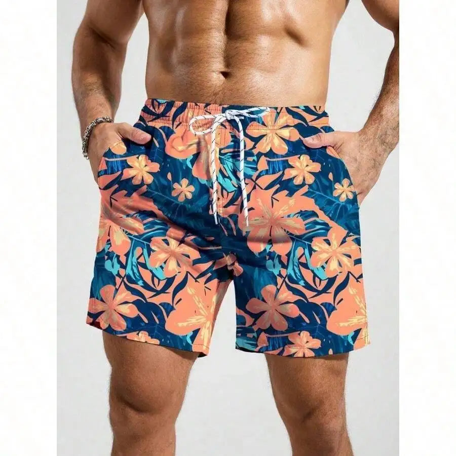 Men Floral Print Loose Fit Beach Shorts Bermuda Style Vacation Swimwear