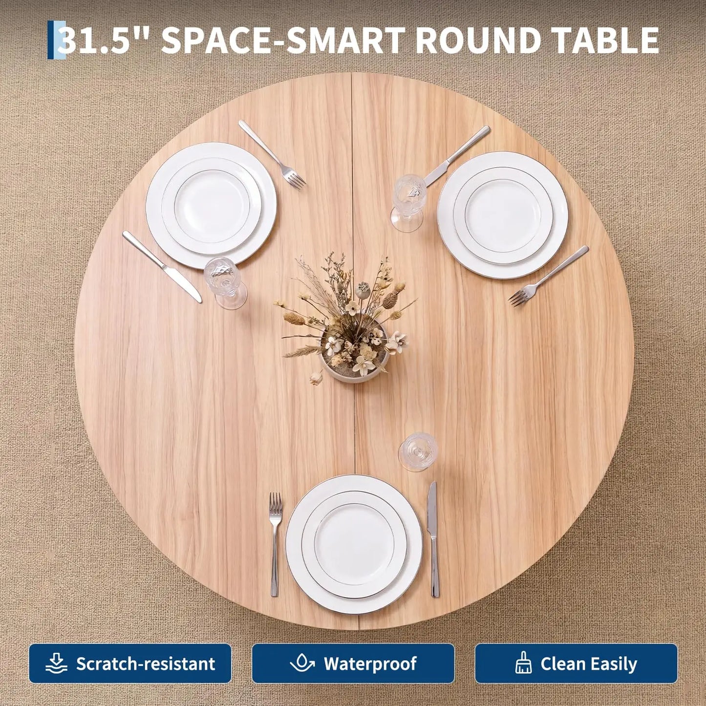 31.5in Round Dining Table For 2-4, Space Saving Kitchen Table With Center Storage, Farmhouse Wood Table For Homes & Dining Rooms