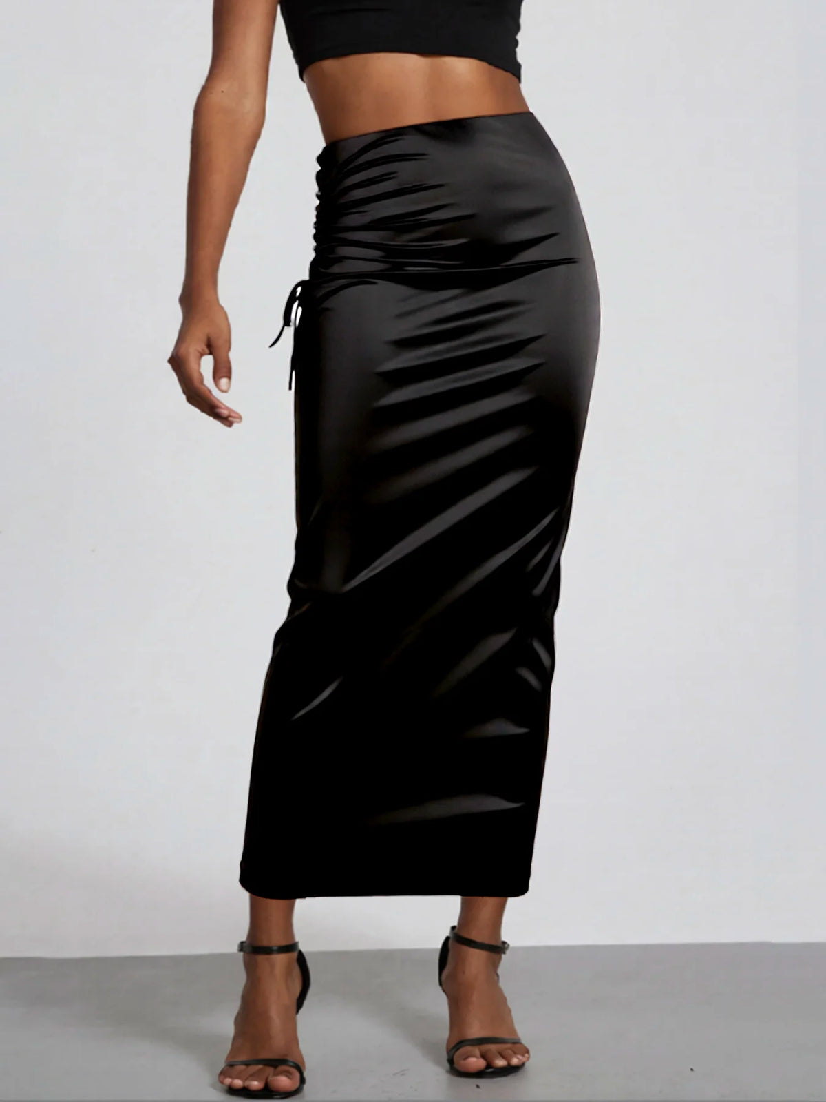 Women Satin High Waist Ruched Midi Skirt Elegant Evening Wear