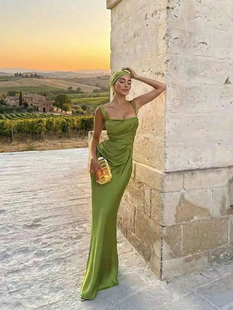 Elegant Satin Long Dress With Ribbon Strap For Women