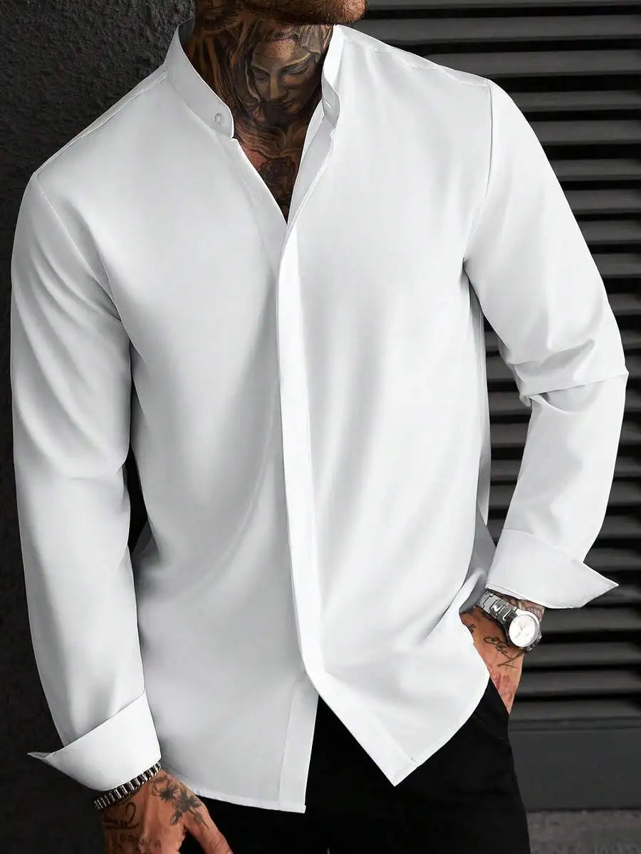 Mens Solid Color Long Sleeve Button Up Shirt Stand Collar