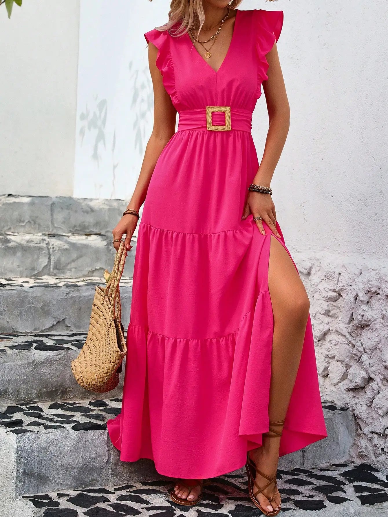 Ruffle Trim High Slit Maxi Dress For Summer Vacation Beach Outfit Women