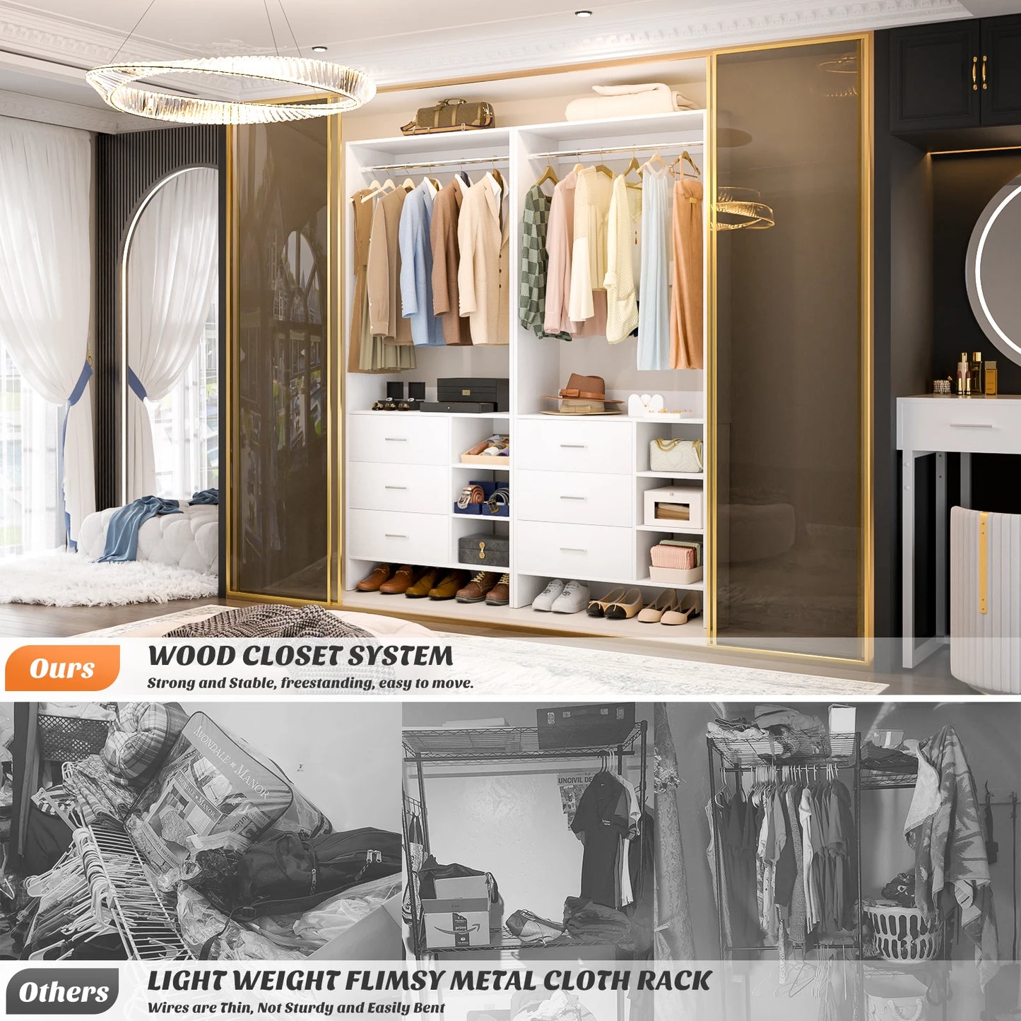 Aheaplus 2.5FT Wood Closet Organizer System with 3 Drawers 29.5'' Walk-in Or Small Closet Wardrobe with Clothes Rack And Hanging Rods