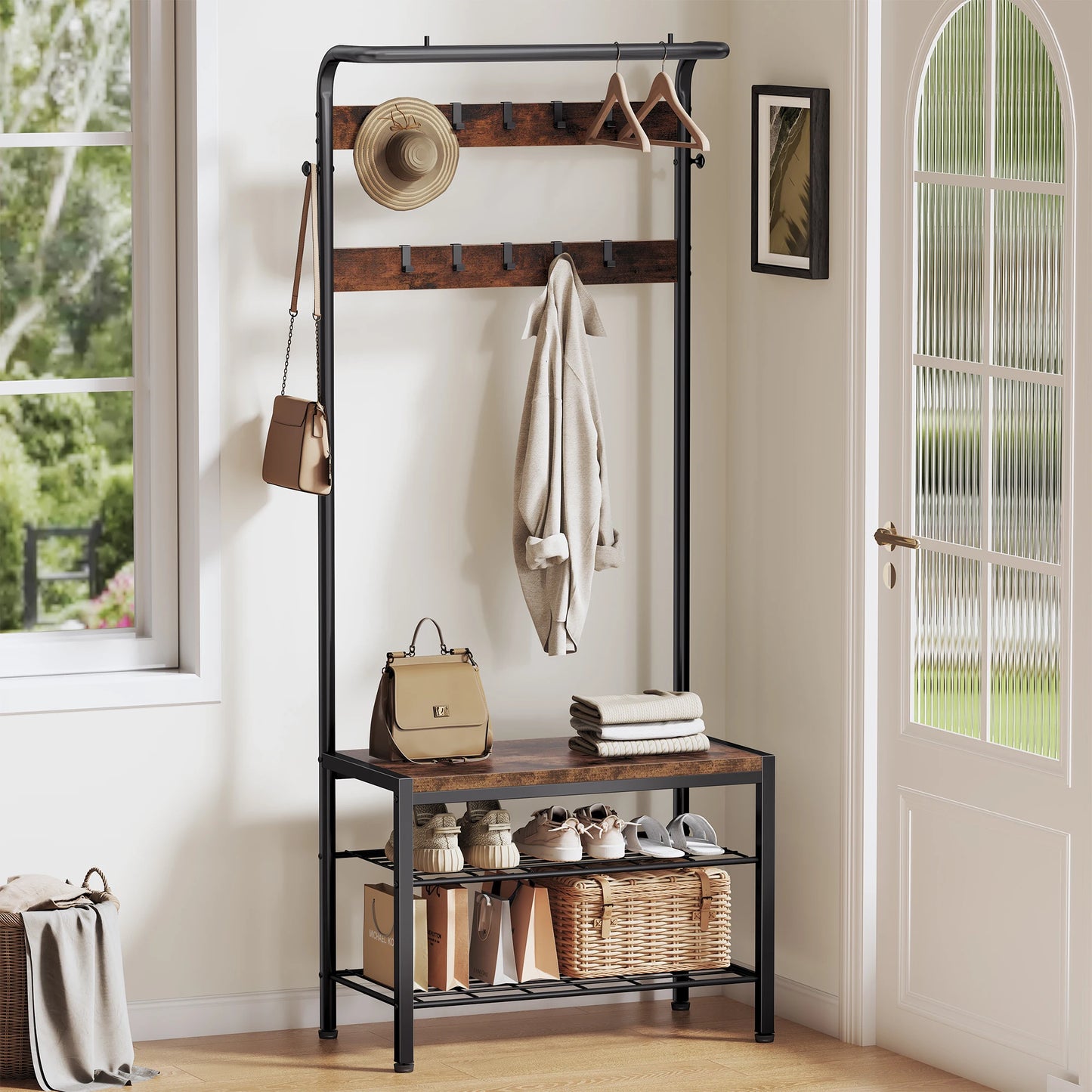JHK 4-in-1 Coat Rack with Shoe Bench Entryway Bench with Shoe Storage Hooks Mudroom Storage Organizer with Shelves For Home