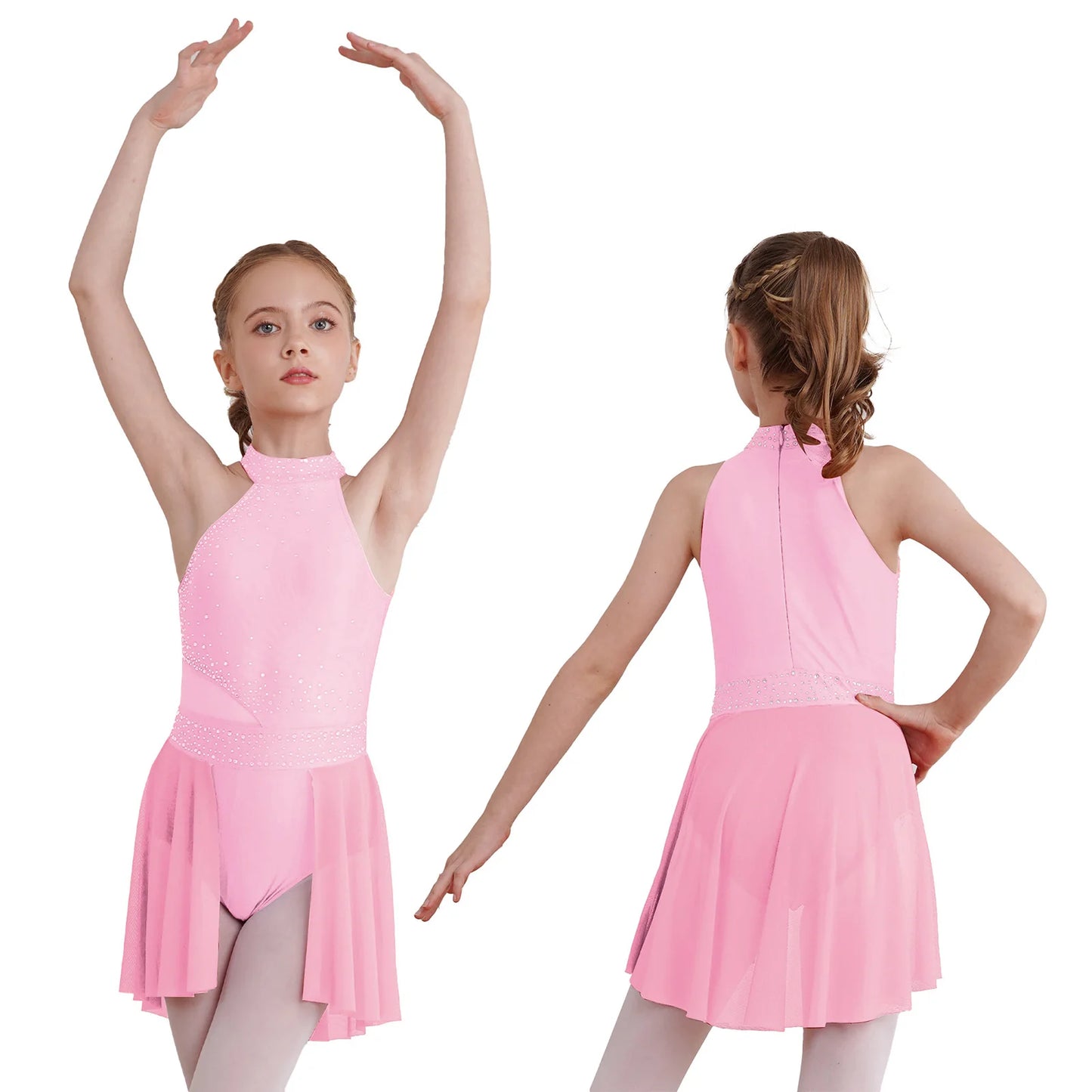 NONECN Girls Rhinestone Halter Ice Skating Dress Skirted Leotard Dancewear