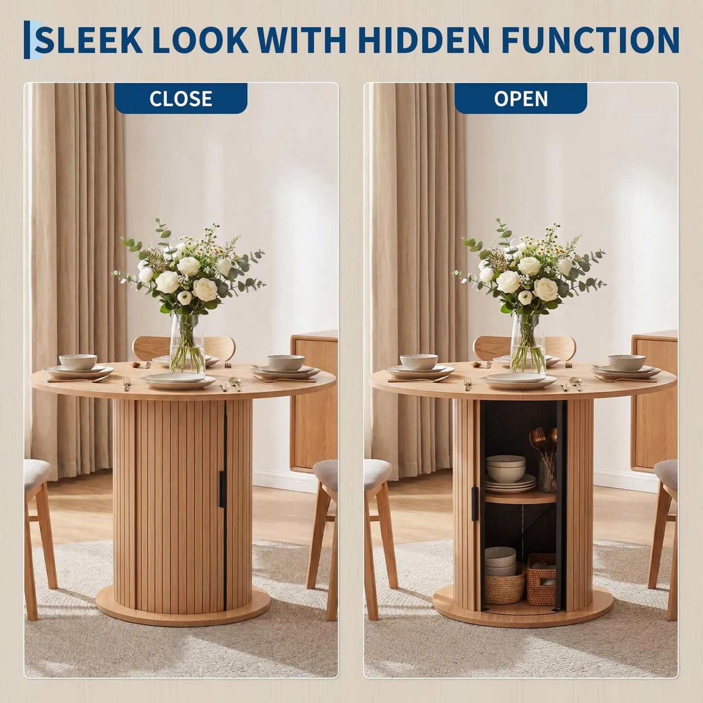 31.5in Round Dining Table For 2-4, Space Saving Kitchen Table With Center Storage, Farmhouse Wood Table For Homes & Dining Rooms