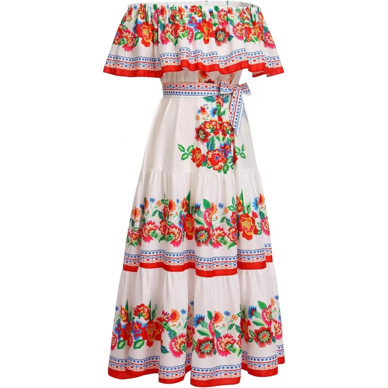 Floral Off Shoulder Maxi Dress For Women With Belt Summer Beach