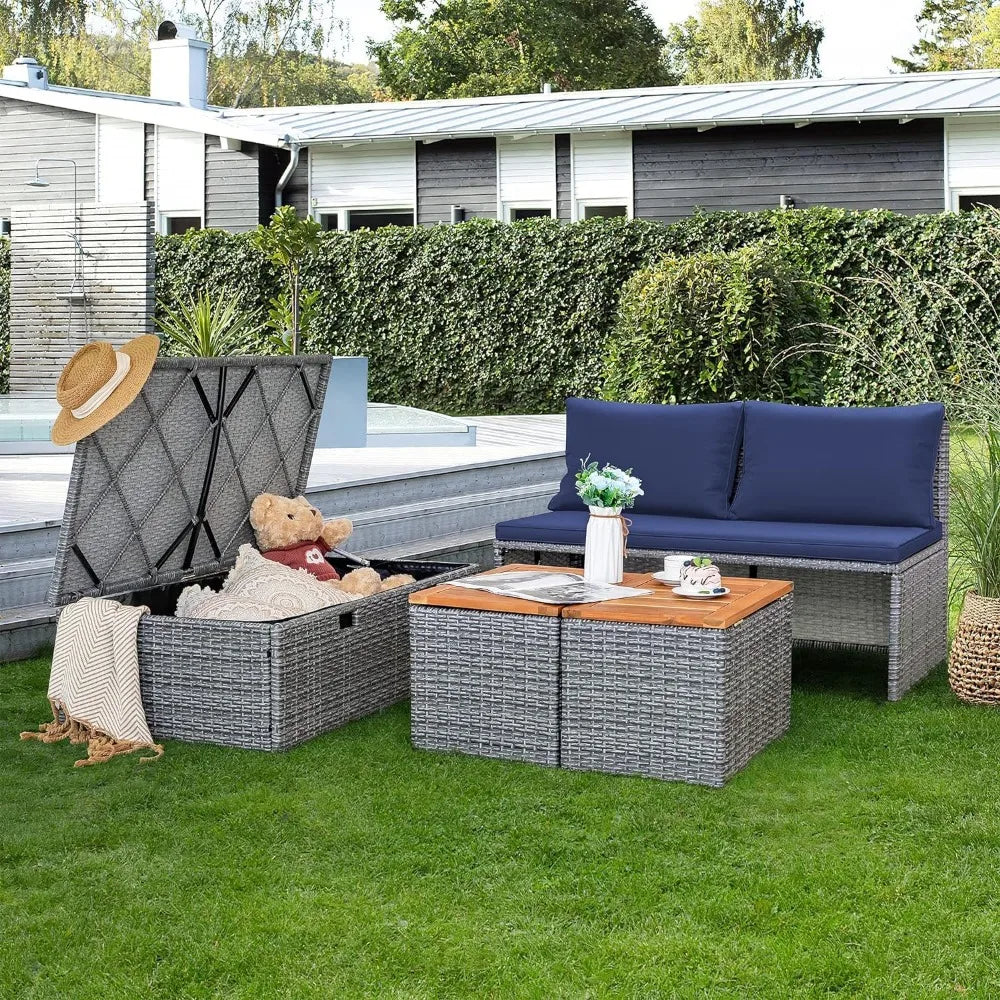 Patio Day Bed Outdoor Daybed Set Multifunctional Rattan Lounge Bed with 2 Side Tables for Backyard Porch Poolside Lawn Beach (N